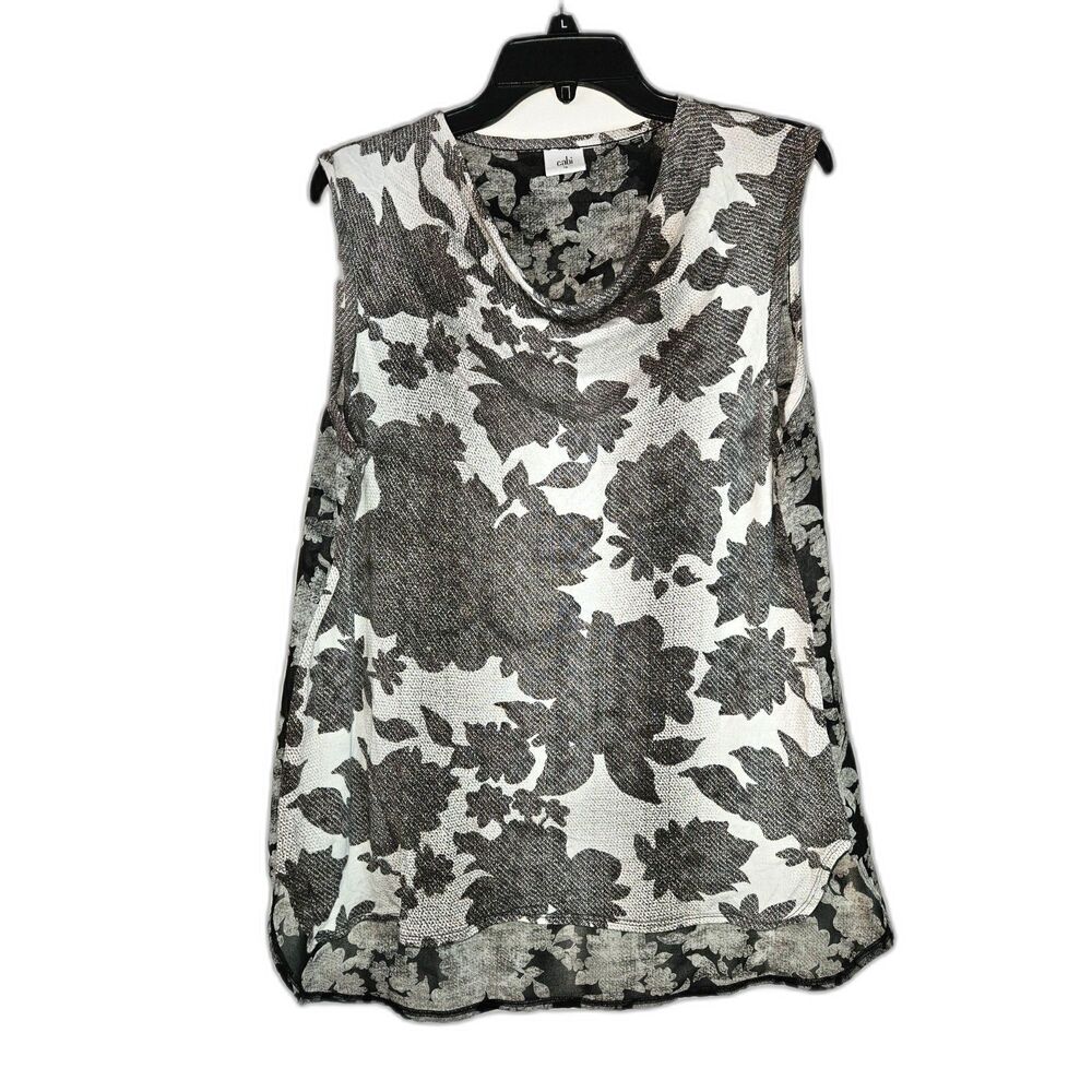 CAbi Tango Black White Floral Drape Neck Stretchy Tank Top 3057 Large
